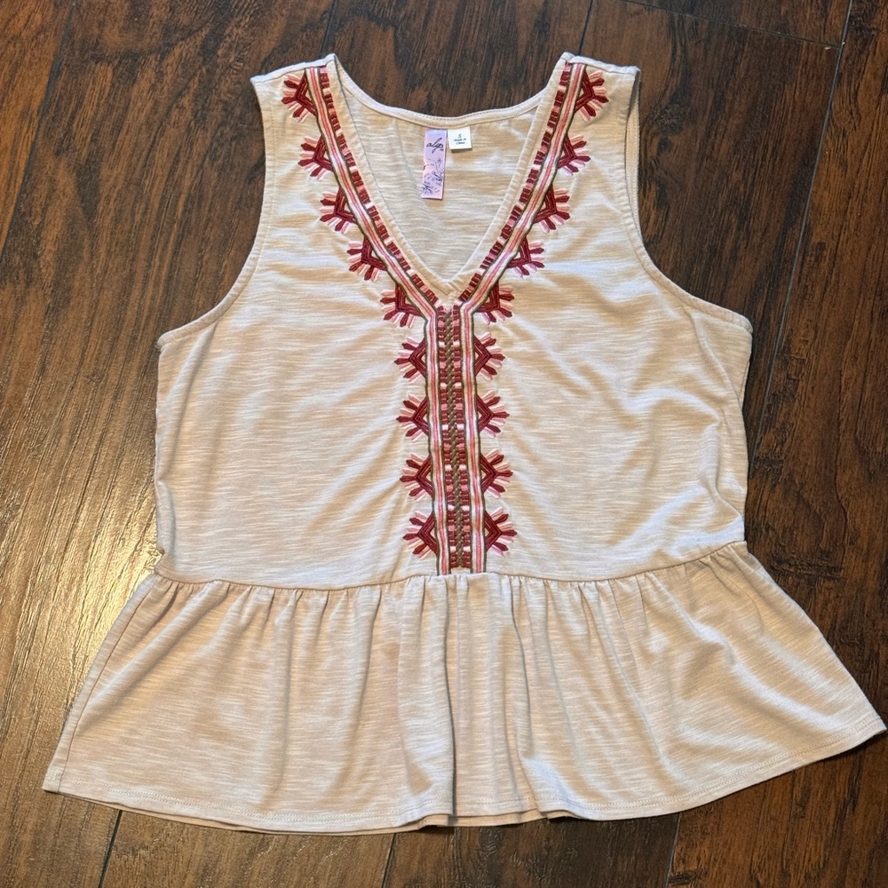 Babydoll Top Tank Women's Beige Boho‎ Alya By Francesca Embroidered Flowy Small